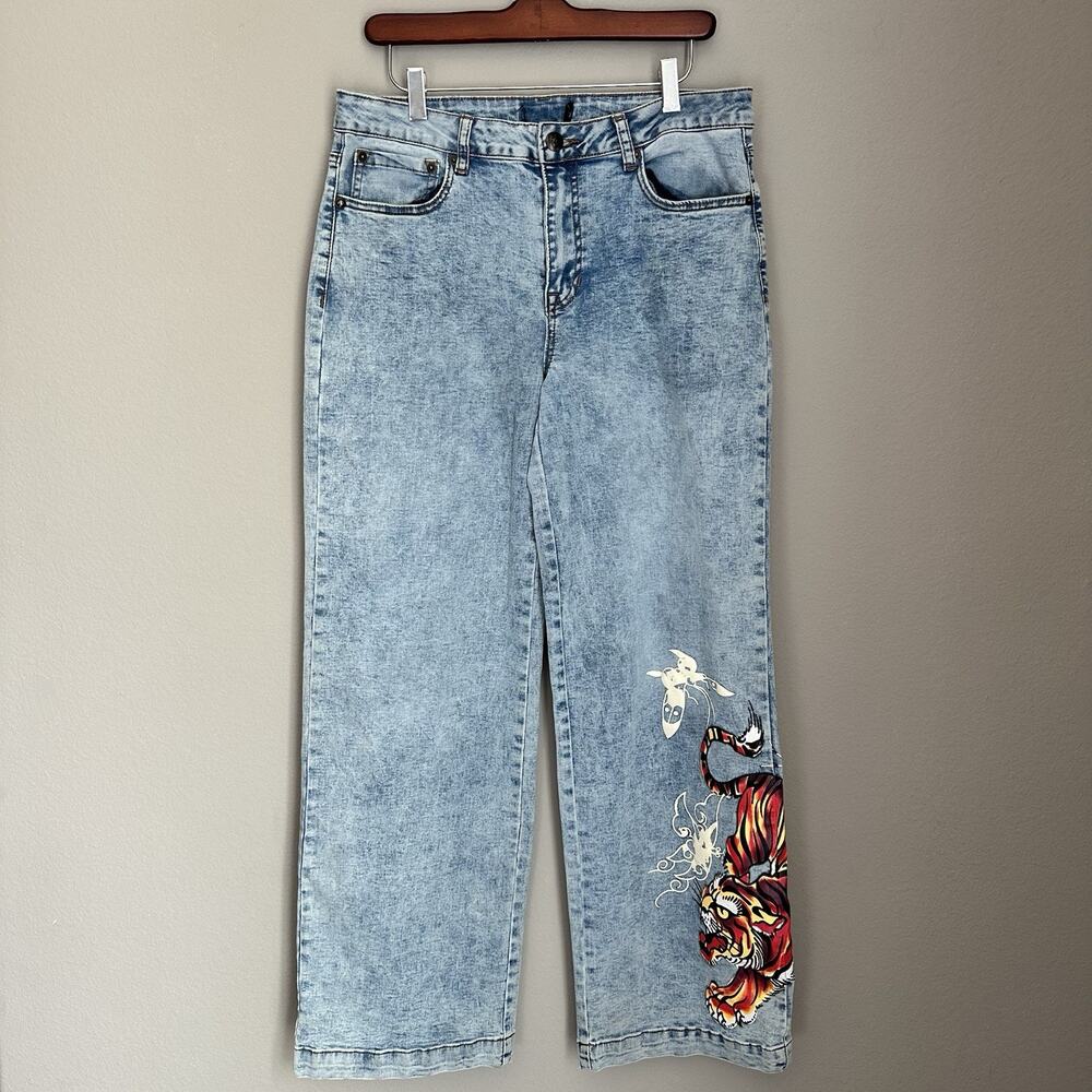 Ed Hardy Blue Cotton Blend Wide Leg Jeans Logo Tiger Tattoo Y2K Streetwear Baggy